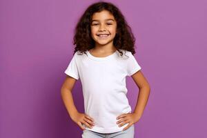 AI generated Female child, girl wearing bella canvas white shirt mockup, at purpe background. Design tshirt template, print presentation mock-up. AI generated. photo