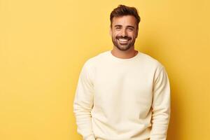 AI generated Young man wearing white sweatshirt mockup, at yellow background. Design pullover template, print presentation mock-up. AI generated. photo