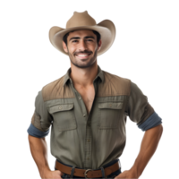 AI generated Cheerful mature farmer man posing and smiling at camera, worker in an hat png format on transparent background