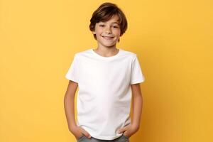 AI generated Male child, boy wearing bella canvas white shirt mockup, at yellow background. Design tshirt template, print presentation mock-up. AI generated. photo