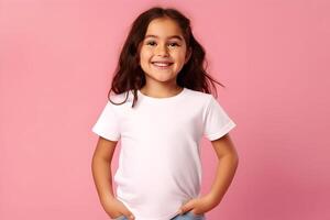 AI generated Female child, girl wearing bella canvas white shirt mockup, at pink background. Design tshirt template, print presentation mock-up. AI generated. photo