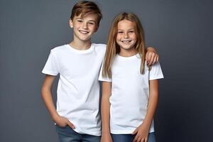 AI generated Male and female child, boy and girl, siblings wearing bella canvas white shirt mockup, at dark gray background. Design tshirt template, print presentation mock-up. AI generated. photo