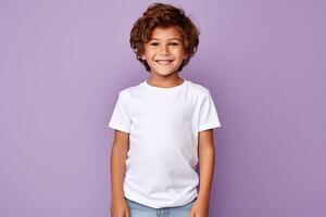 AI generated Male child, boy wearing bella canvas white shirt mockup, at purple background. Design tshirt template, print presentation mock-up. AI generated. photo