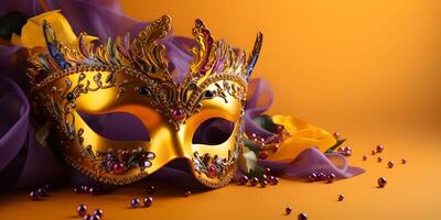 AI generated Colorful traditional venetian or mardi gras carnival mask with decoration for national festival celebration on yellow background with copy space. photo