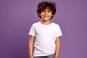 AI generated Male child, boy wearing bella canvas white shirt mockup, at purple background. Design tshirt template, print presentation mock-up. AI generated. photo