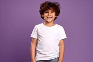 ai generado masculino niño, chico vistiendo bella lona blanco camisa Bosquejo, a púrpura antecedentes. diseño camiseta plantilla, impresión presentación Bosquejo. ai generado. foto