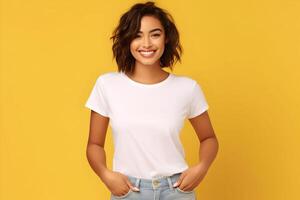 AI generated Young woman wearing bella canvas white shirt mockup, at yellow background. Design tshirt template, print presentation mock-up. AI generated. photo