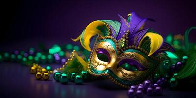 AI generated Colorful traditional mardi gras carnival mask with gold, green colors decoration for national festival celebration on purple background with copy space. photo