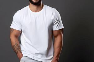 AI generated Young man wearing bella canvas white shirt mockup, at dark gray background. Design tshirt template, print presentation mock-up. AI generated. photo