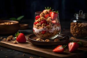 AI generated Strawberry yogurt granola parfait with sliced nuts and fresh strawberries berries in a glass jar on dark background. Generative AI. photo