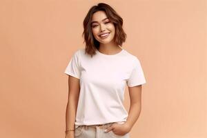 AI generated Young woman wearing bella canvas white shirt mockup, at beige background. Design tshirt template, print presentation mock-up. AI generated. photo