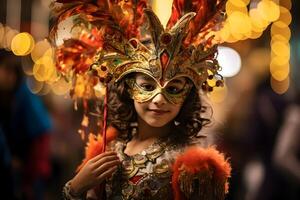 ai generado hermosa de cerca retrato de niña en tradicional veneciano carnaval máscara y traje, a el nacional Venecia festival en Italia. foto