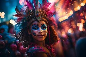 ai generado hermosa de cerca retrato de niña en tradicional samba danza atuendo y maquillaje para el brasileño carnaval. rio Delaware janeiro festival en Brasil. foto