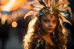 ai generado hermosa de cerca retrato de niña en tradicional veneciano carnaval máscara y traje, a el nacional Venecia festival en Italia. foto