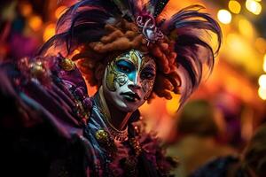 ai generado hermosa de cerca retrato de joven hombre en tradicional veneciano carnaval máscara y traje, bailando a el nacional Venecia festival en Italia. foto
