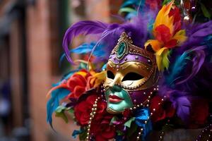 AI generated Colorful traditional venetian carnival mask with decoration for national Venice festival in Italy. photo