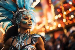 ai generado hermosa de cerca retrato de joven mujer en tradicional samba danza atuendo y maquillaje para el brasileño carnaval. rio Delaware janeiro festival en Brasil. foto