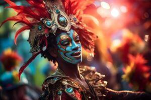 ai generado hermosa de cerca retrato de joven hombre en tradicional samba danza atuendo y maquillaje para el brasileño carnaval. rio Delaware janeiro festival en Brasil. foto