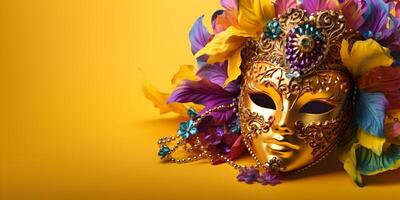 AI generated Colorful traditional venetian or mardi gras carnival mask with decoration for national festival celebration on yellow background. photo