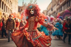 AI generated Beautiful closeup portrait of young woman in traditional venetian carnival mask and costume, dancing at the national Venice festival in Italy. photo