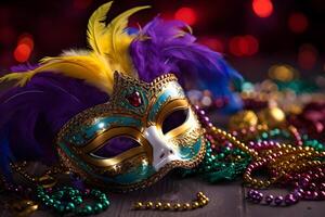 AI generated Colorful traditional venetian carnival mask with decoration for national Venice festival in Italy. photo