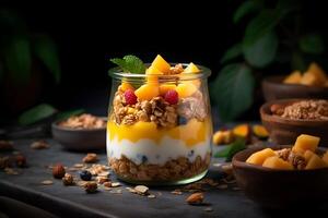 AI generated Yogurt granola parfait with sliced nuts, fresh mango fruits in a glass jar on dark background. Generative AI. photo