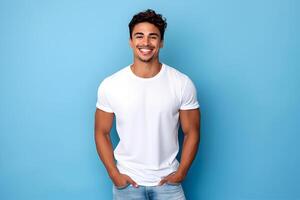 ai generado joven hombre vistiendo bella lona blanco camisa Bosquejo, a azul antecedentes. diseño camiseta plantilla, impresión presentación Bosquejo. ai generado. foto