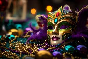 AI generated Colorful traditional venetian carnival mask with decoration for national Venice festival in Italy. photo