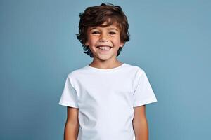 AI generated Male child, boy wearing bella canvas white shirt mockup, at blue background. Design tshirt template, print presentation mock-up. AI generated. photo