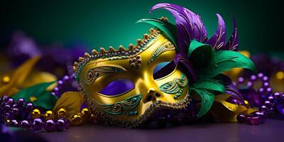 ai generado vistoso tradicional mardi gras carnaval máscara con oro, verde colores decoración para nacional festival celebracion en púrpura antecedentes con Copiar espacio. foto