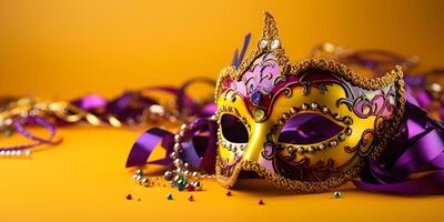 AI generated Colorful traditional venetian or mardi gras carnival mask with decoration for national festival celebration on yellow background with copy space. photo