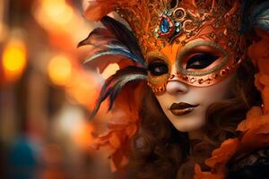 ai generado hermosa de cerca retrato de joven mujer en tradicional veneciano carnaval máscara y traje, a el nacional Venecia festival en Italia. foto