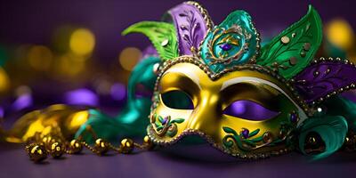 AI generated Colorful traditional mardi gras carnival mask with gold, green colors decoration for national festival celebration on purple background with copy space. photo