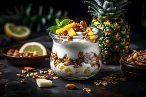 AI generated Yogurt granola parfait with sliced nuts and fresh pineapple fruits in a glass jar on dark background. Generative AI. photo