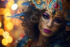 ai generado hermosa de cerca retrato de joven mujer en tradicional veneciano carnaval máscara y traje, a el nacional Venecia festival en Italia. foto