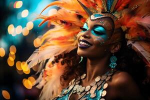 ai generado hermosa de cerca retrato de joven mujer en tradicional samba danza atuendo y maquillaje para el brasileño carnaval. rio Delaware janeiro festival en Brasil. foto