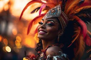 ai generado hermosa de cerca retrato de joven mujer en tradicional samba danza atuendo y maquillaje para el brasileño carnaval. rio Delaware janeiro festival en Brasil. foto