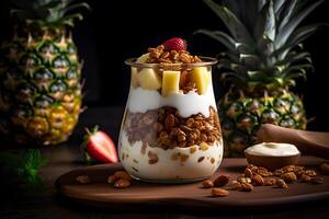 AI generated Yogurt granola parfait with sliced nuts, fresh pineapple fruits and strawberry in a glass jar on dark background. Generative AI. photo