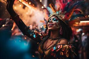 ai generado hermosa de cerca retrato de joven mujer en tradicional samba danza atuendo y maquillaje para el brasileño carnaval. rio Delaware janeiro festival en Brasil. foto