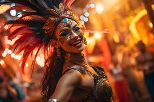 ai generado hermosa de cerca retrato de joven mujer en tradicional samba danza atuendo y maquillaje para el brasileño carnaval. rio Delaware janeiro festival en Brasil. foto