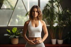 AI generated Sporty fit young woman portrait, yoga class training instructor or personal fitness trainer, wear sportswear and standing in cozy gym with green plants. photo
