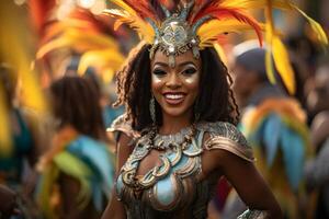 ai generado hermosa de cerca retrato de joven mujer en tradicional samba danza atuendo y maquillaje para el brasileño carnaval. rio Delaware janeiro festival en Brasil. foto