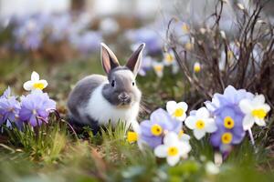 AI generated Cute bunny sitting on green field, spring meadow with crocus flowers, nature background. Easter concept with rabbit. AI generated. photo