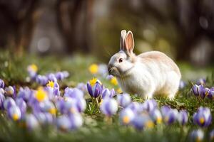 AI generated Cute bunny sitting on green field, spring meadow with crocus flowers, nature background. Easter concept with rabbit. AI generated. photo