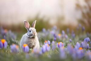 AI generated Cute bunny sitting on green field, spring meadow with crocus flowers, nature background. Easter concept with rabbit. AI generated. photo