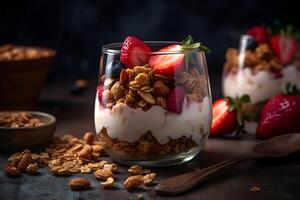 AI generated Strawberry yogurt granola parfait with sliced nuts, fresh strawberries and blueberry berries in a glass jar on dark background. Generative AI. photo