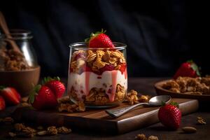 AI generated Strawberry yogurt granola parfait with sliced nuts and fresh strawberries berries in a glass jar on dark background. Generative AI. photo