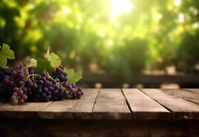 AI generated Wooden table with fresh red grapes and free space on nature blurred background, vineyard field. Generated AI. photo