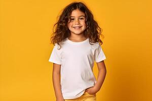 AI generated Female child, girl wearing bella canvas white shirt mockup, at yellow background. Design tshirt template, print presentation mock-up. AI generated. photo