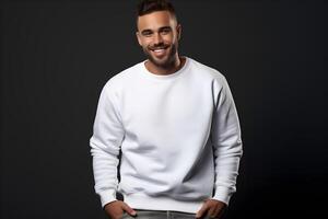 AI generated Young man wearing white sweatshirt mockup, at dark background. Design pullover template, print presentation mock-up. AI generated. photo